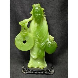 Vintage Chinese Resin Faux Jade Hand Carved Wise Old Man Figurine Statue 11"